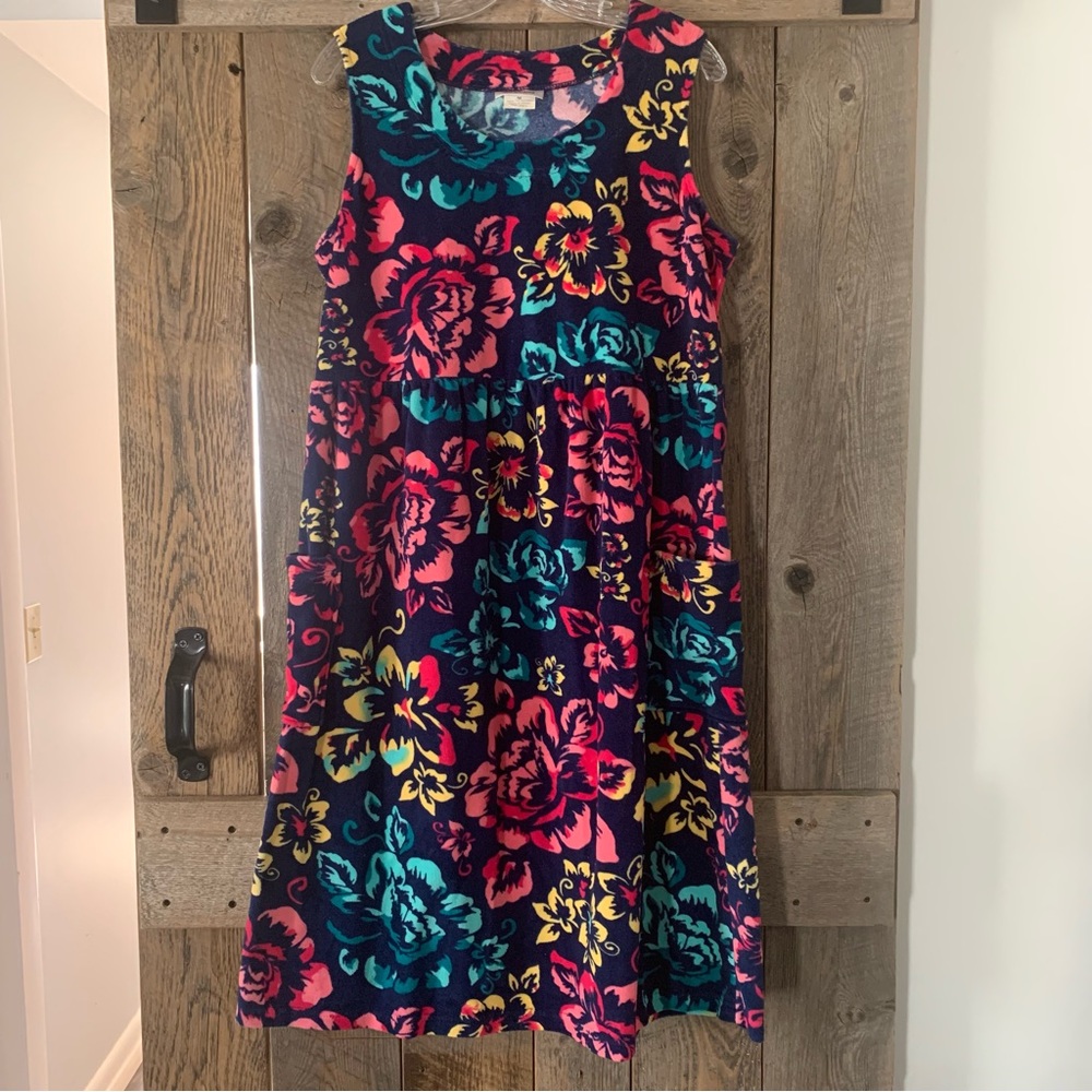 Women’s M CW Classics Navy Blue Colorful Floral Terrycloth Tank Dress Pockets EC